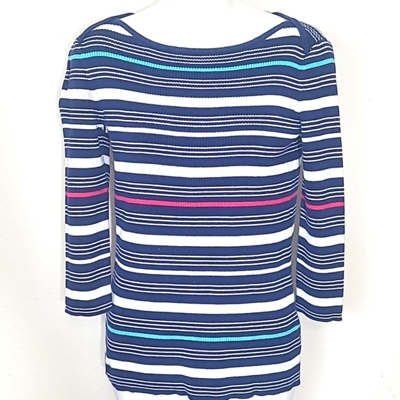 Liz Claiborne Boat Neck Striped Cotton Sweater Navy Pink Turquoise White Medium - Picture 1 of 4